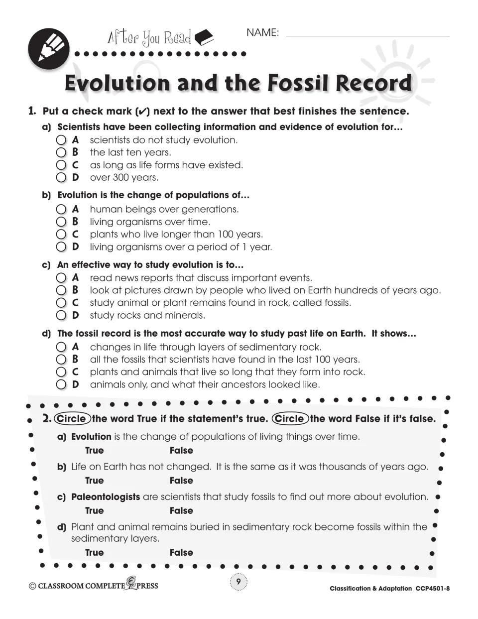 First follow-up page checks evolution and fossil record comprehension with multiple-choice and true-or-false items