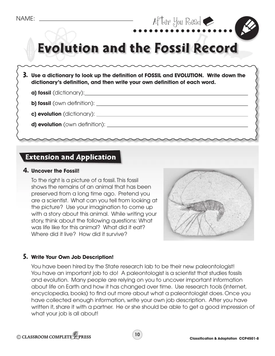 Second follow-up page asks for fossil and evolution definitions, a fossil story, and a paleontologist job description