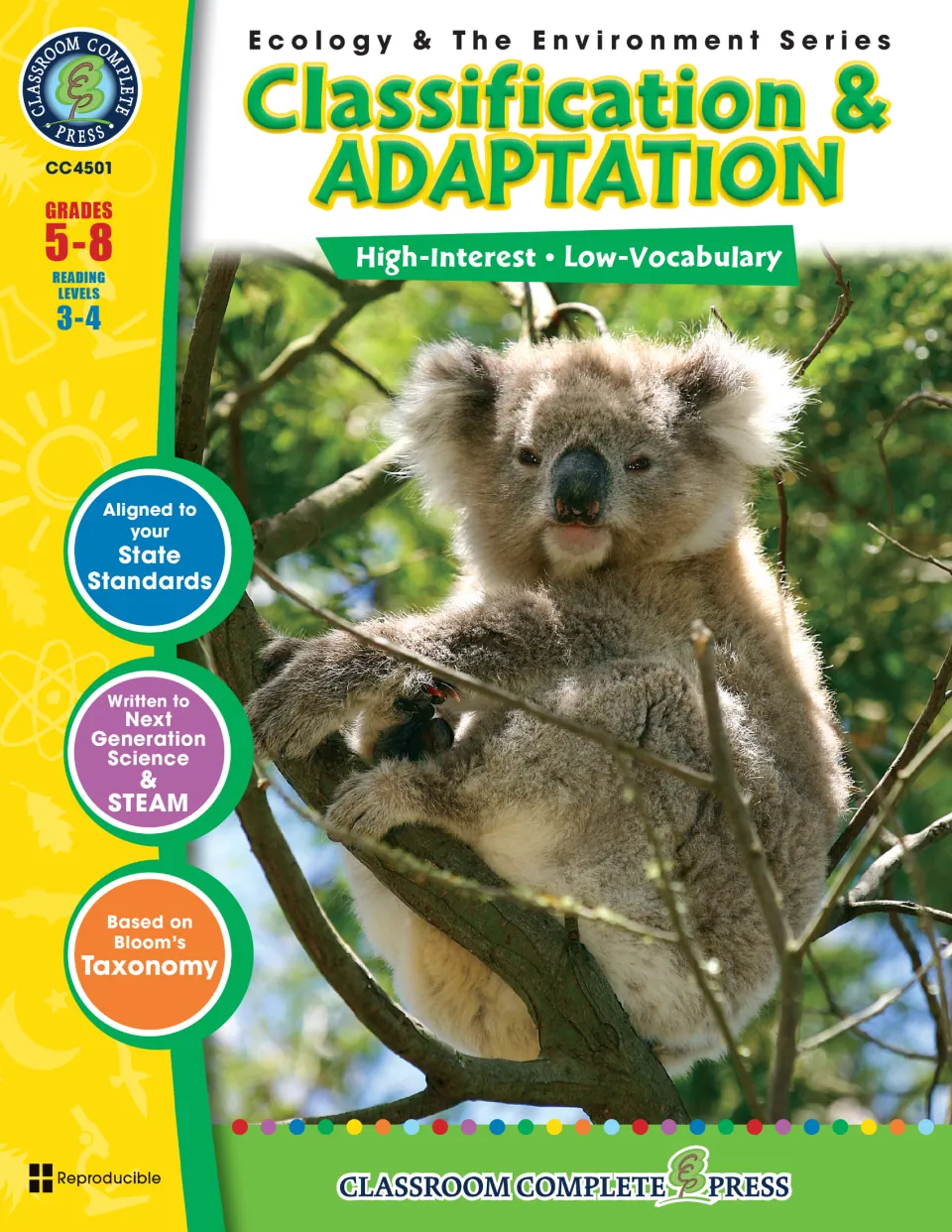Cover of Classification & Adaptation, Ecology & The Environment Series, grades 5-8, with a photo of a koala in a tree