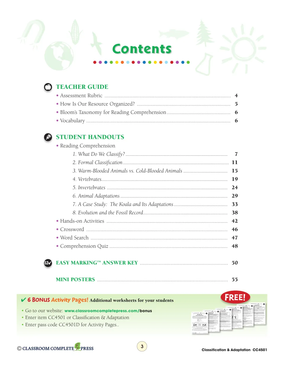 Contents: teacher guide, eight reading sections from classification to fossils, crossword, quiz, answer key, mini posters