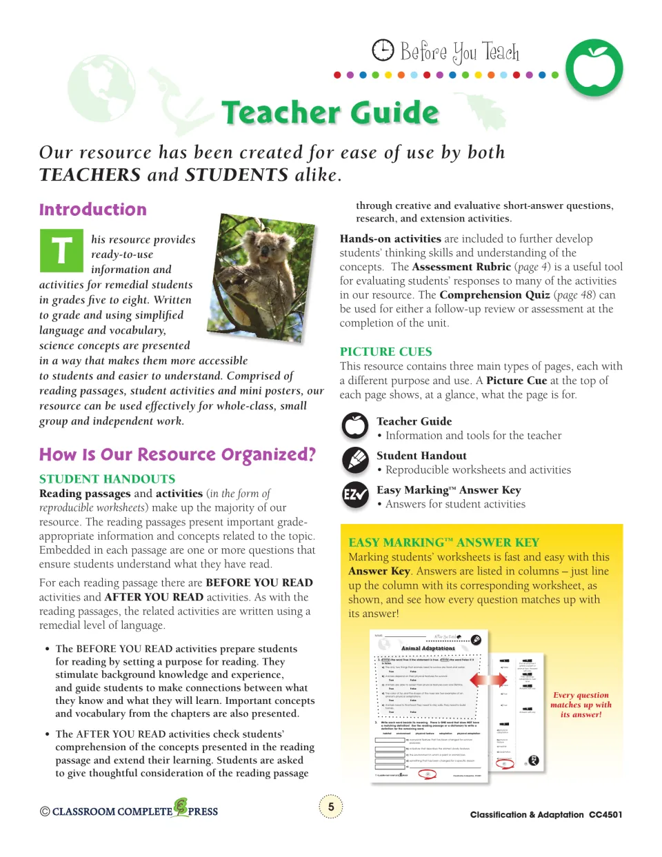 Teacher guide introduction explaining reading passages, before and after you read activities, picture cues and answer key