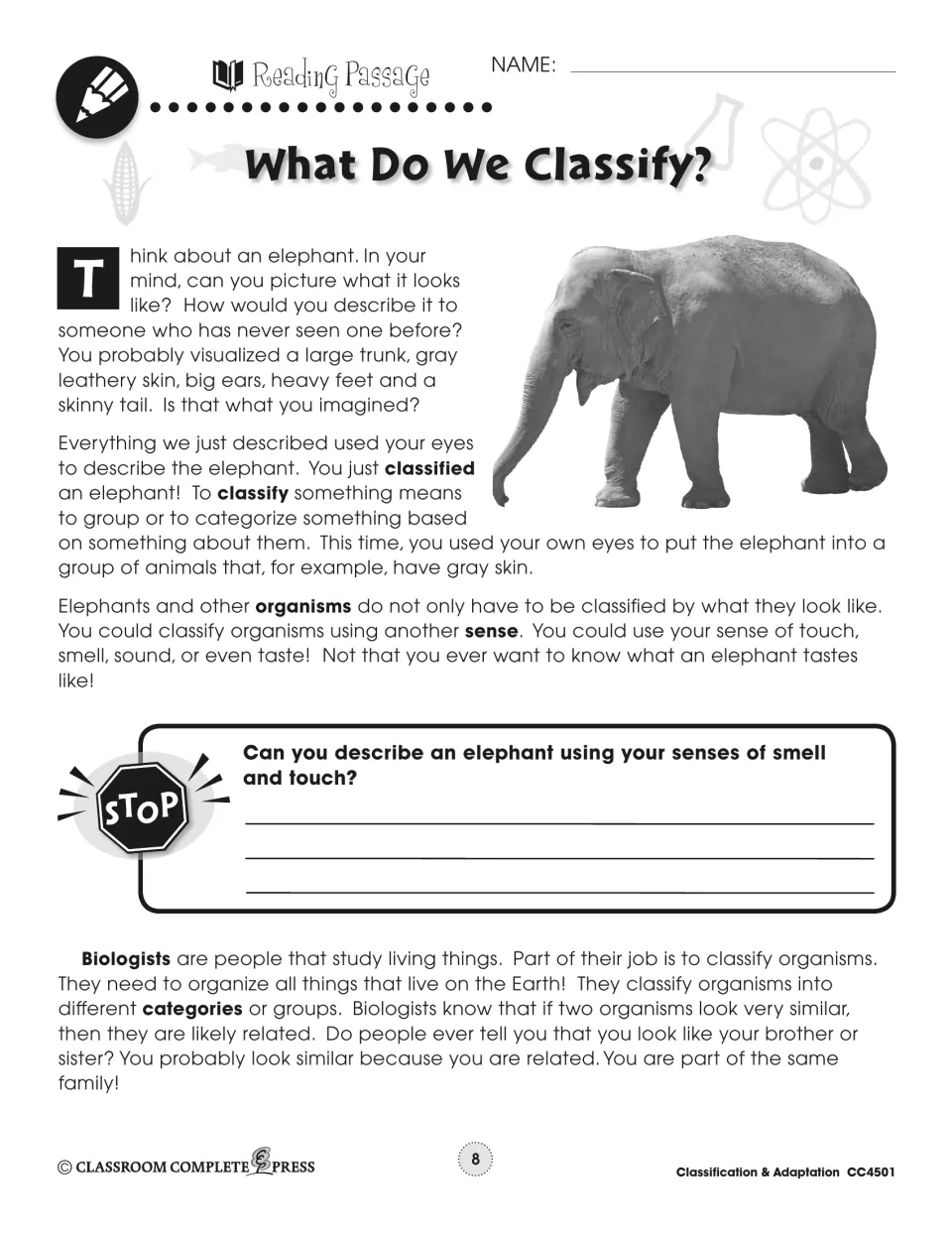 What Do We Classify? reading passage on classifying an elephant by the senses, with a stop question and biologists' work