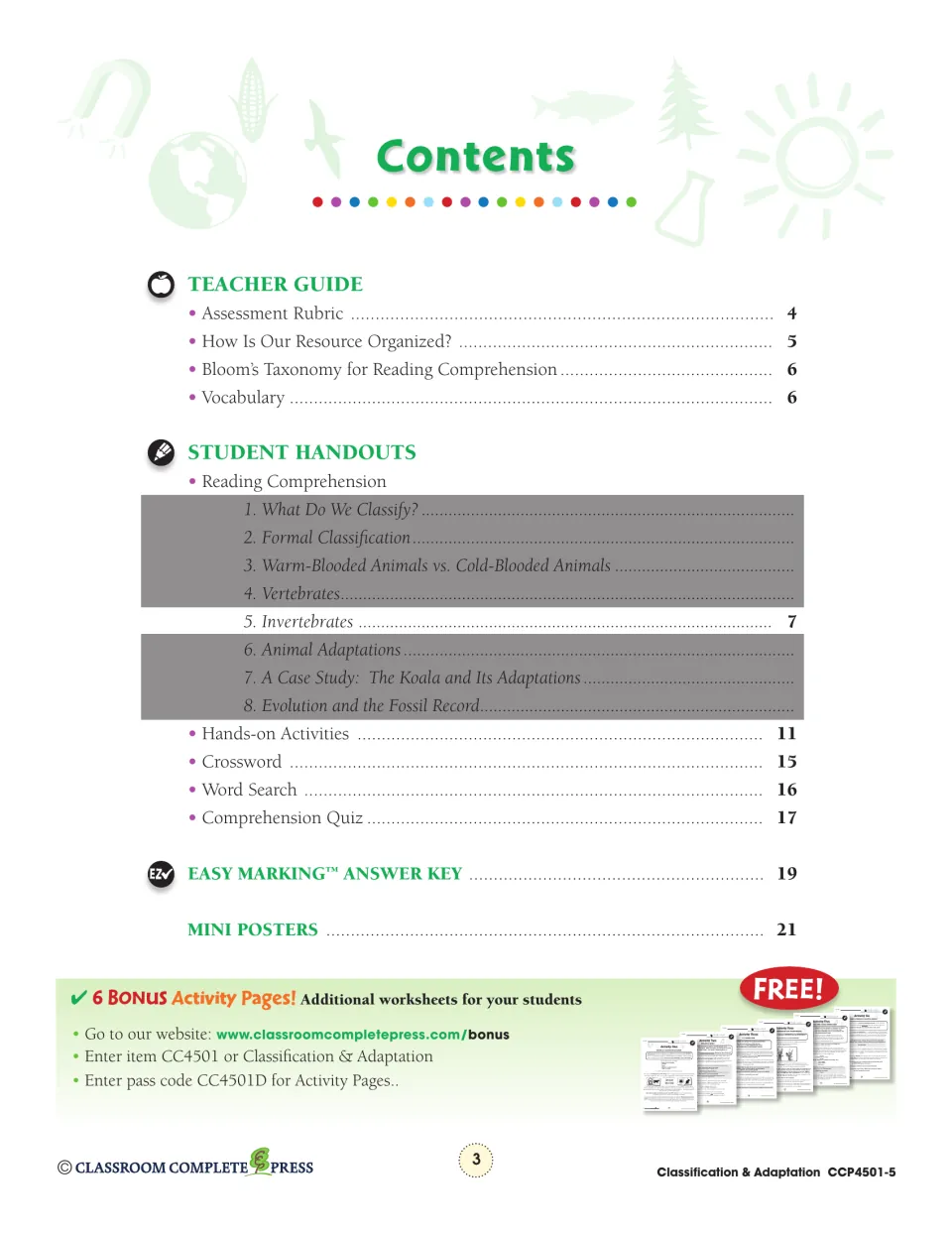 Table of contents: teacher guide, Invertebrates reading on page 7, crossword, quiz, answer key and mini posters