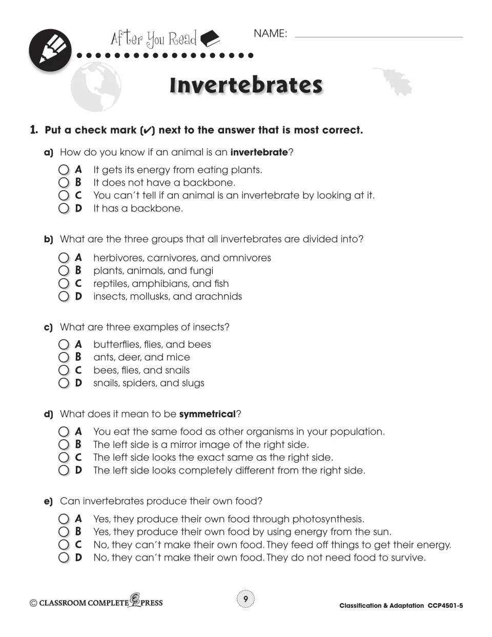 After You Read: 5 multiple-choice questions on backbones, invertebrate groups, insects, symmetry and food