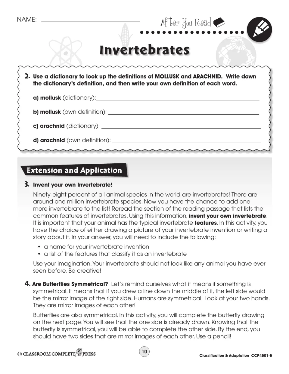 After You Read: define mollusk and arachnid, invent an invertebrate, and butterfly symmetry drawing directions