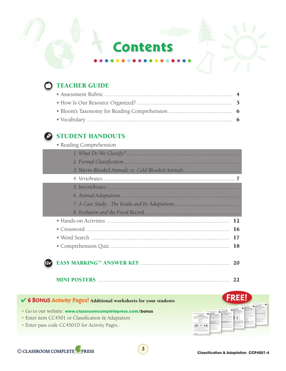 Contents listing the teacher guide, eight reading sections, crossword, quiz, answer key and mini posters