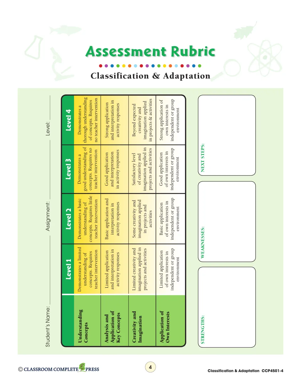 Assessment rubric scoring levels 1–4 for understanding concepts, analysis, creativity and own interests