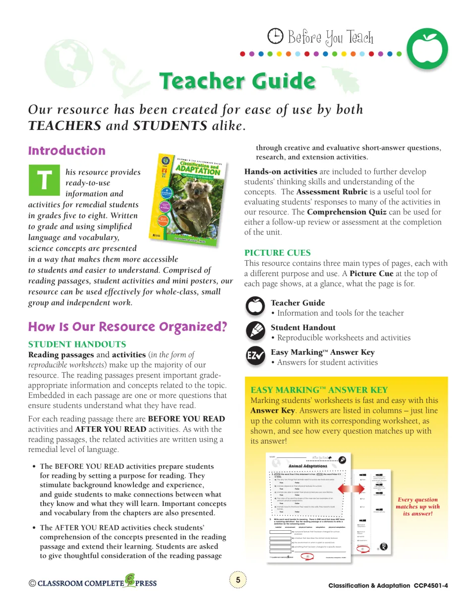 Teacher guide introduction explaining before and after you read activities, hands-on tasks and the answer key