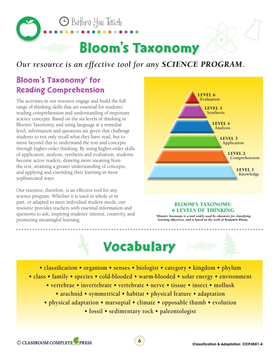 Bloom's Taxonomy pyramid of six thinking levels and the unit vocabulary list, from classification to paleontologist