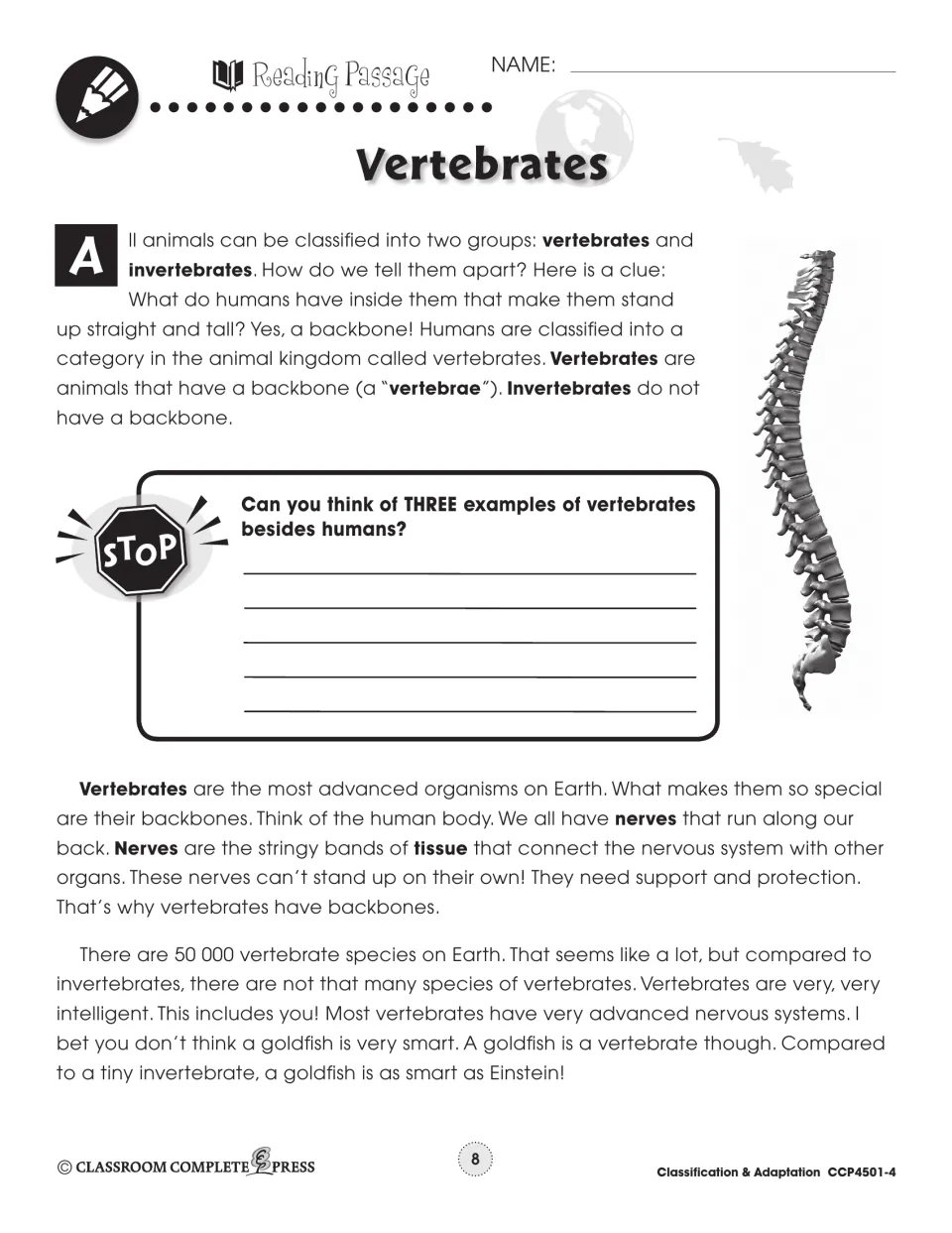Vertebrates reading passage on backbones, nerves and tissue, with a STOP question: name three vertebrates