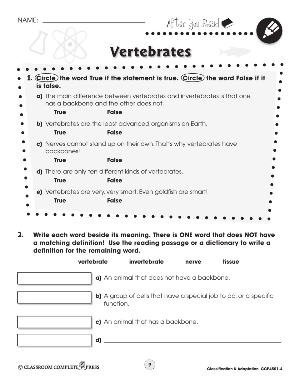 After You Read: true/false on vertebrate facts and matching vertebrate, invertebrate, nerve, tissue to meanings
