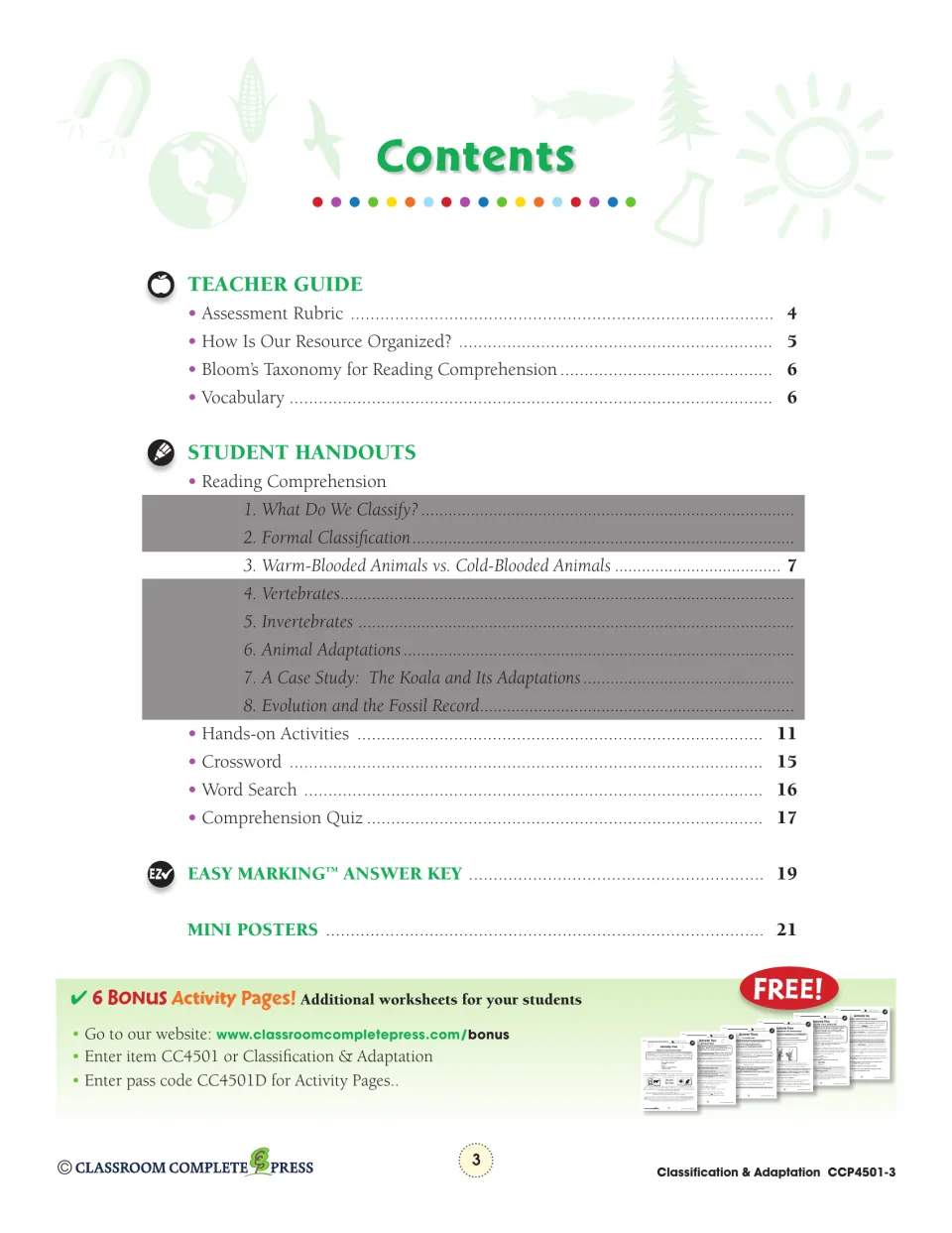 Contents listing teacher guide, the warm-blooded vs. cold-blooded reading, quiz, answer key, mini posters and bonus pages