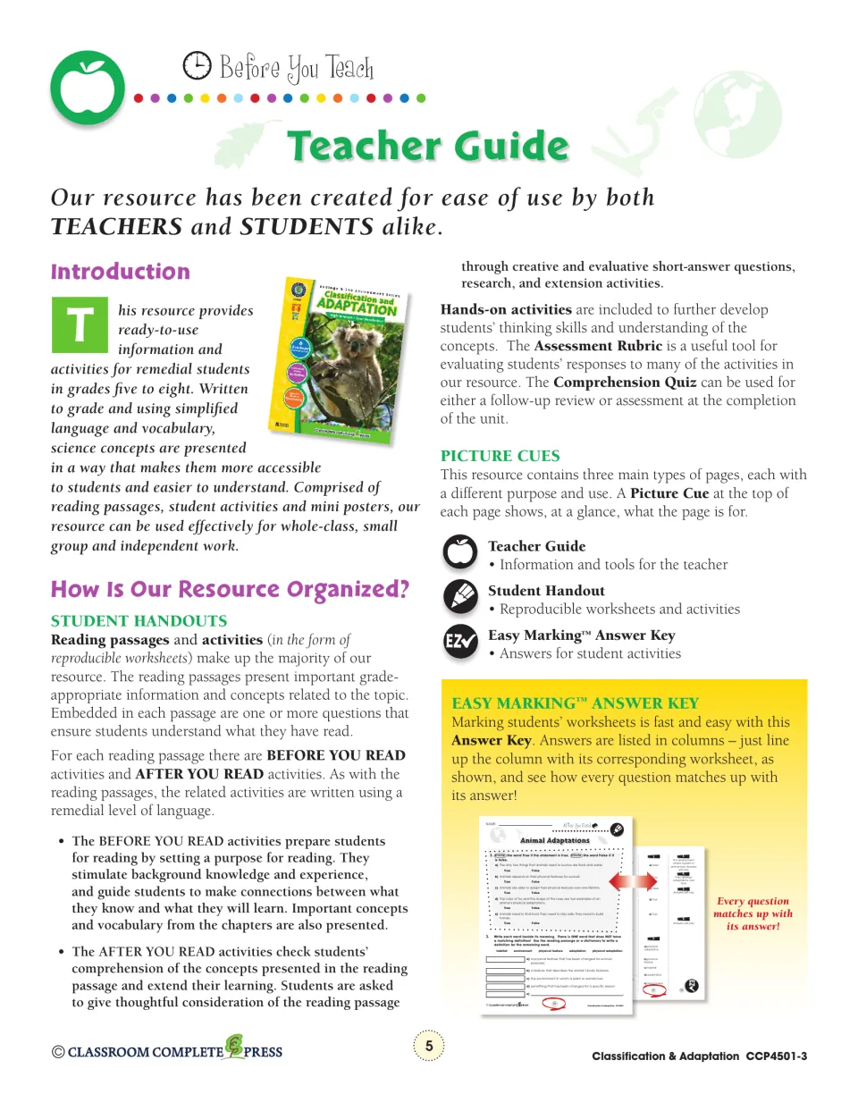 Teacher guide explaining Before You Read and After You Read activities, picture cues and the answer key layout