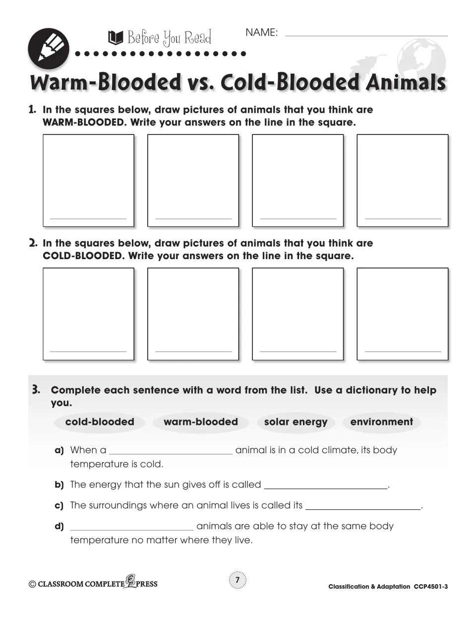 Body temperature preview: students sketch animals they guess are warm- or cold-blooded, then fill blanks from a word bank