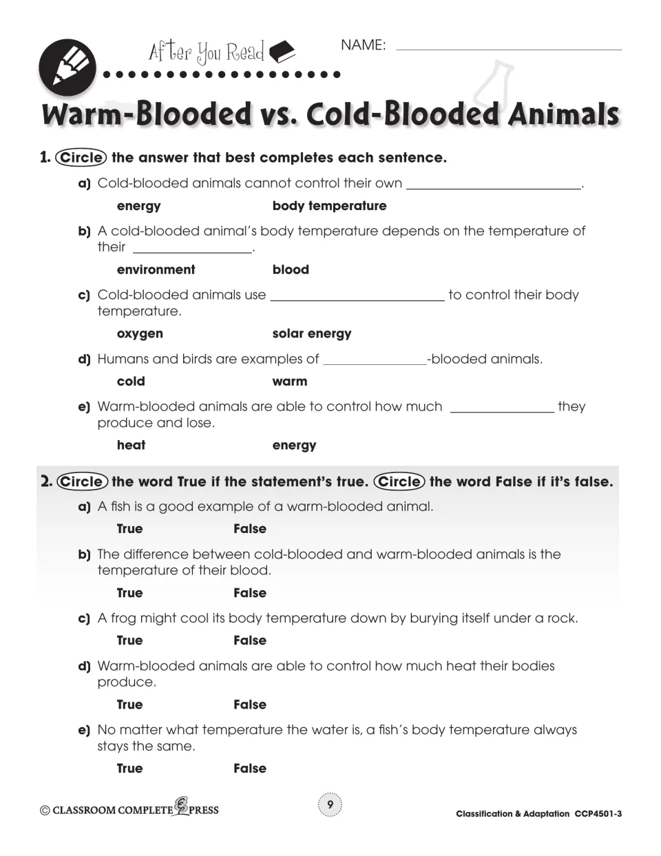 Warm vs. cold-blooded recall: students circle words to finish five sentences and judge statements true or false