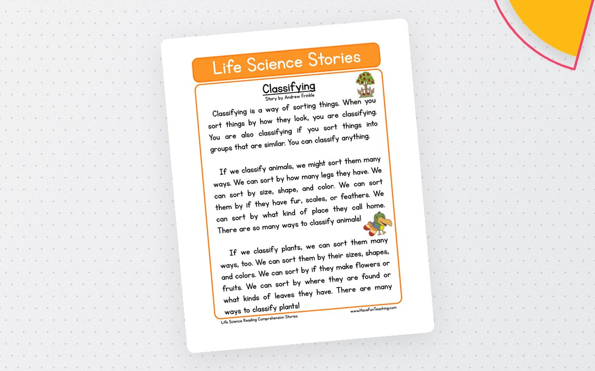 Life Science Stories classification page with orange heading, passage, and small nature art.