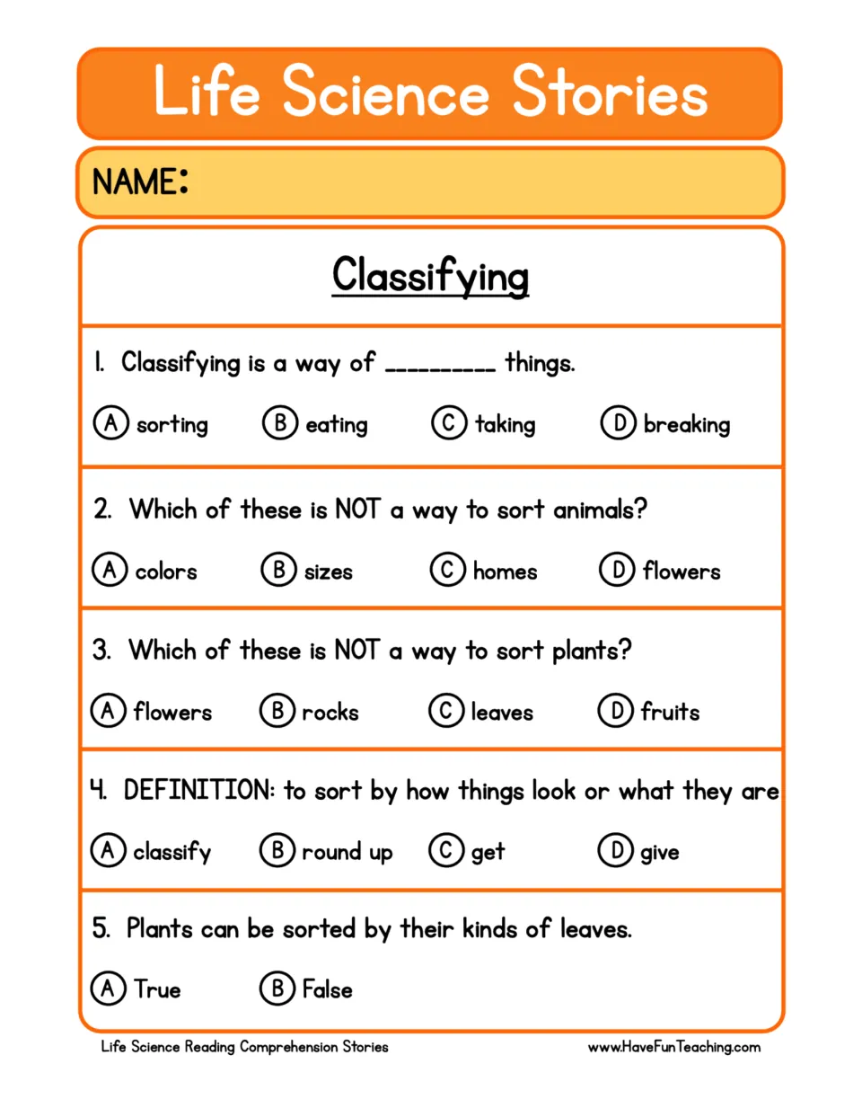 Classifying comprehension quiz: students answer 5 multiple-choice and true/false questions on sorting animals and plants