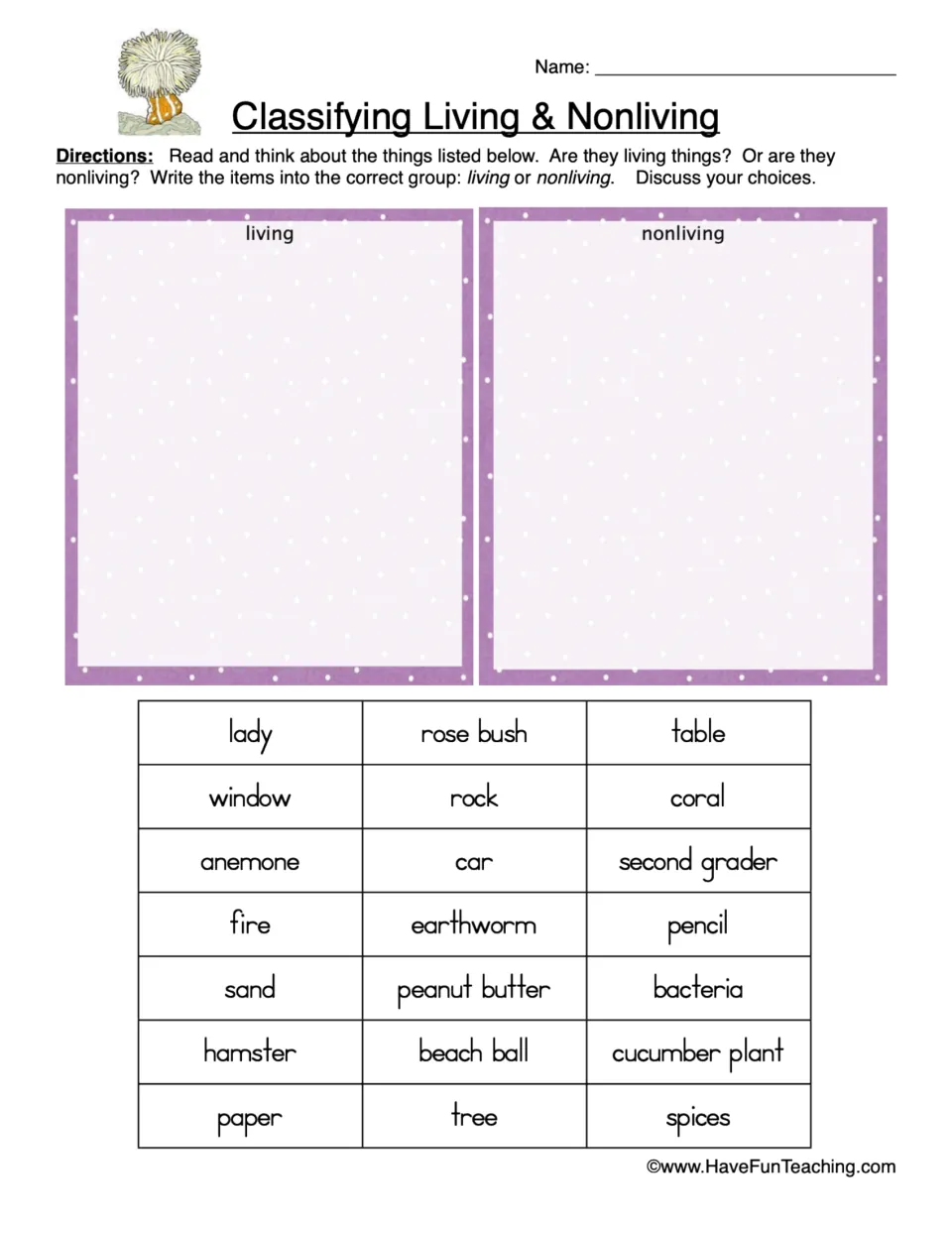 Classifying living and nonliving: students write 21 words such as hamster, coral, rock and fire under living or nonliving