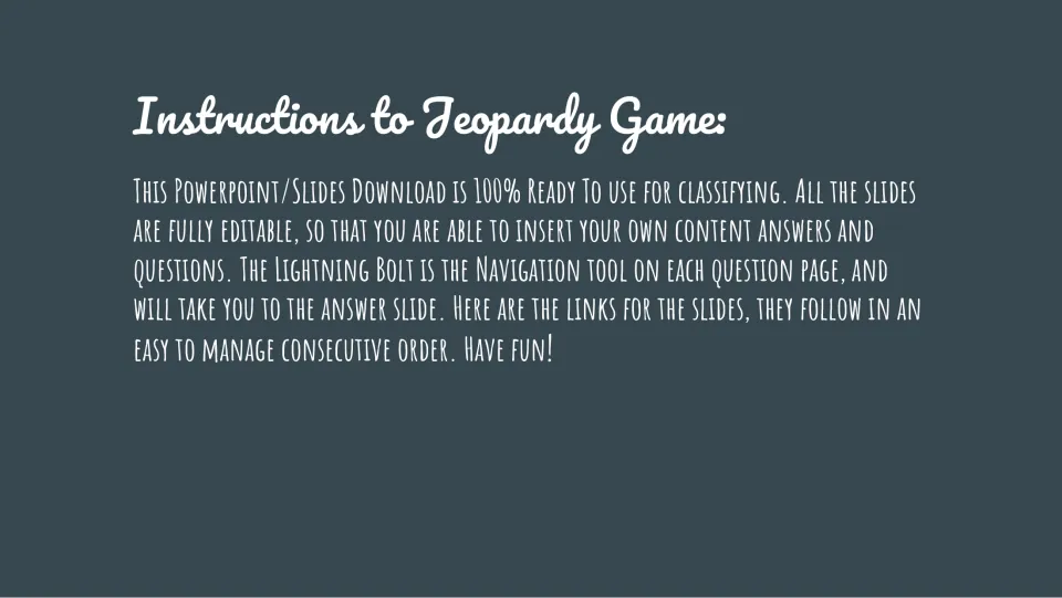 Game instructions explain editing questions and answers and using the lightning bolt to reach answer slides.