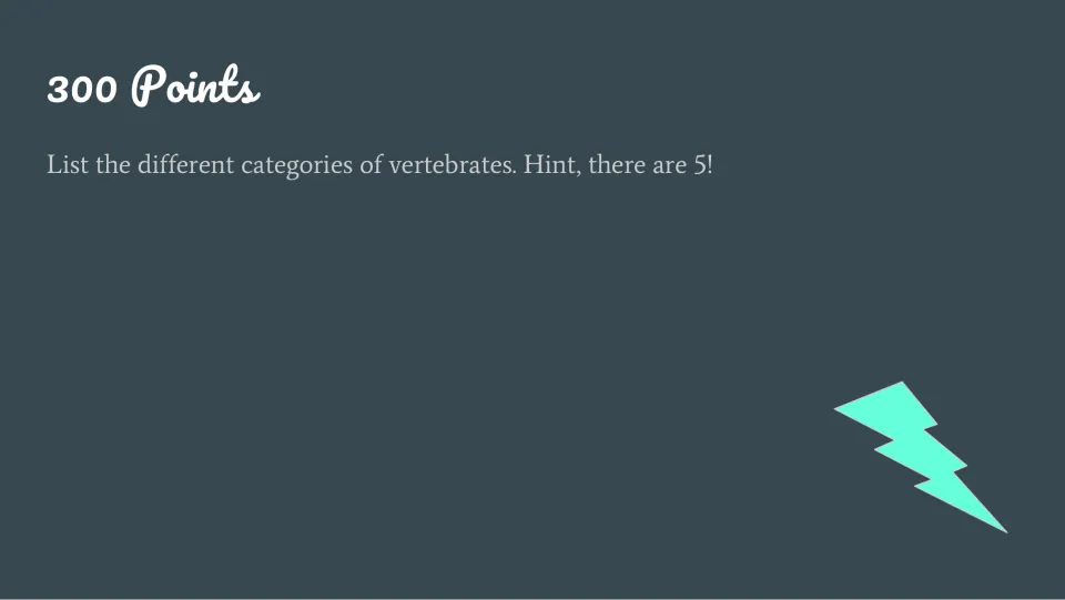 Vertebrates question slide for 300 points asks students to list vertebrate categories, with a hint that there are five.