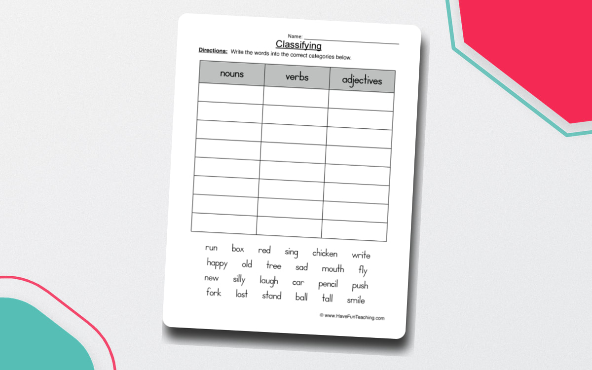 Classifying Nouns, Verbs, or Adjectives Worksheet preview