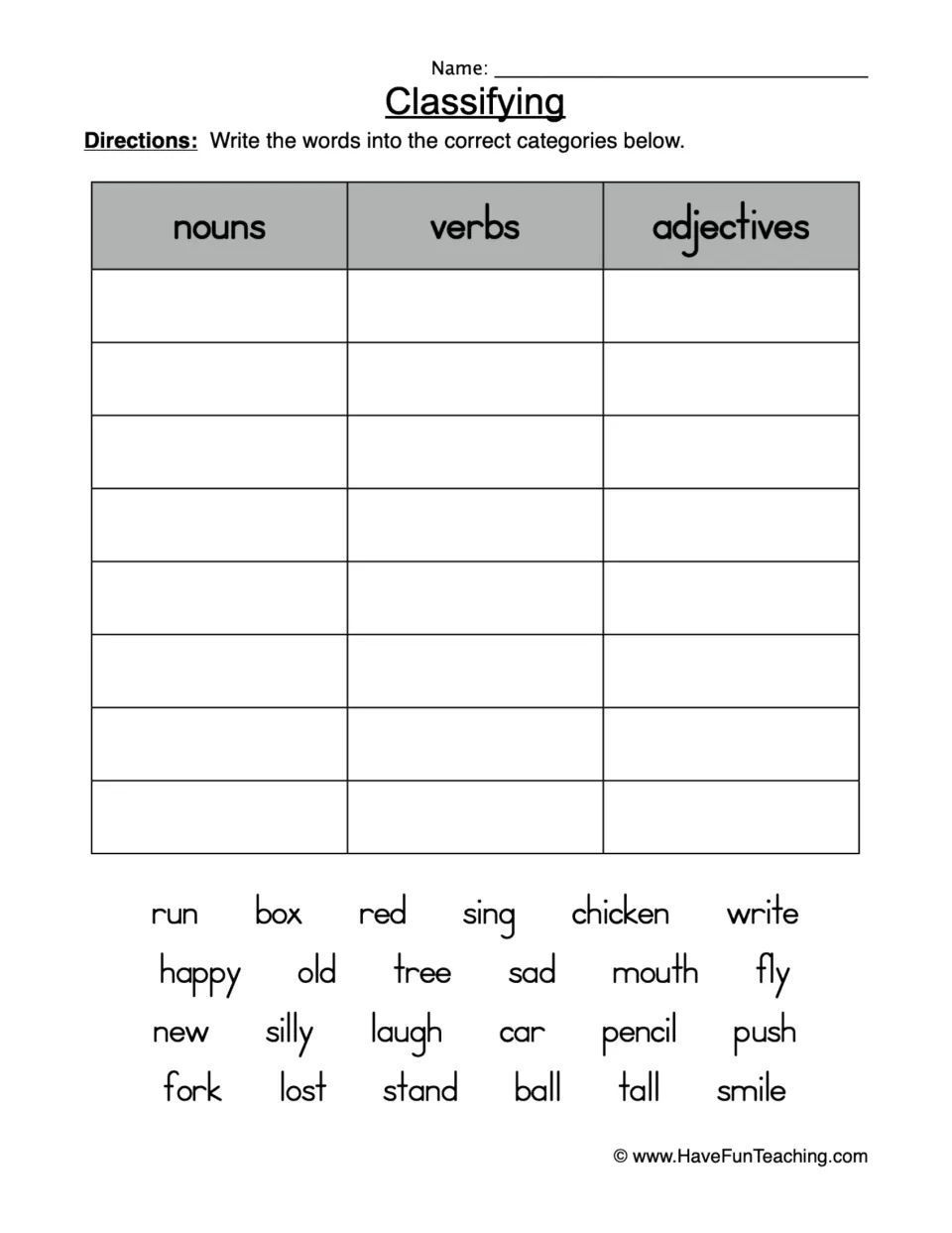 Classifying parts of speech: students sort 24 words such as run, box, red and happy under nouns, verbs or adjectives