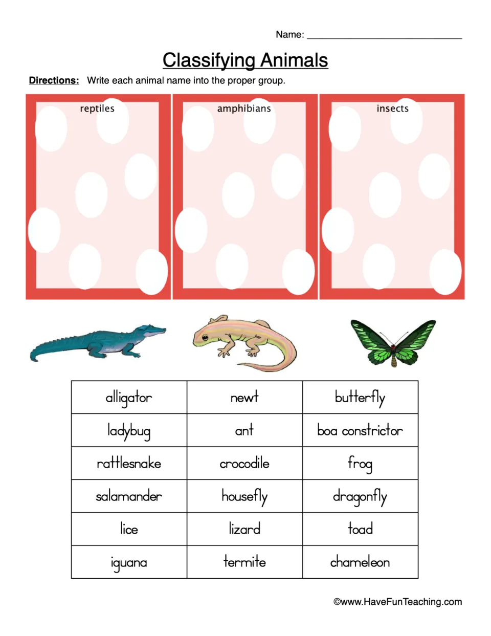 Classifying animals: students write 18 animal names, from alligator to termite, into reptiles, amphibians or insects