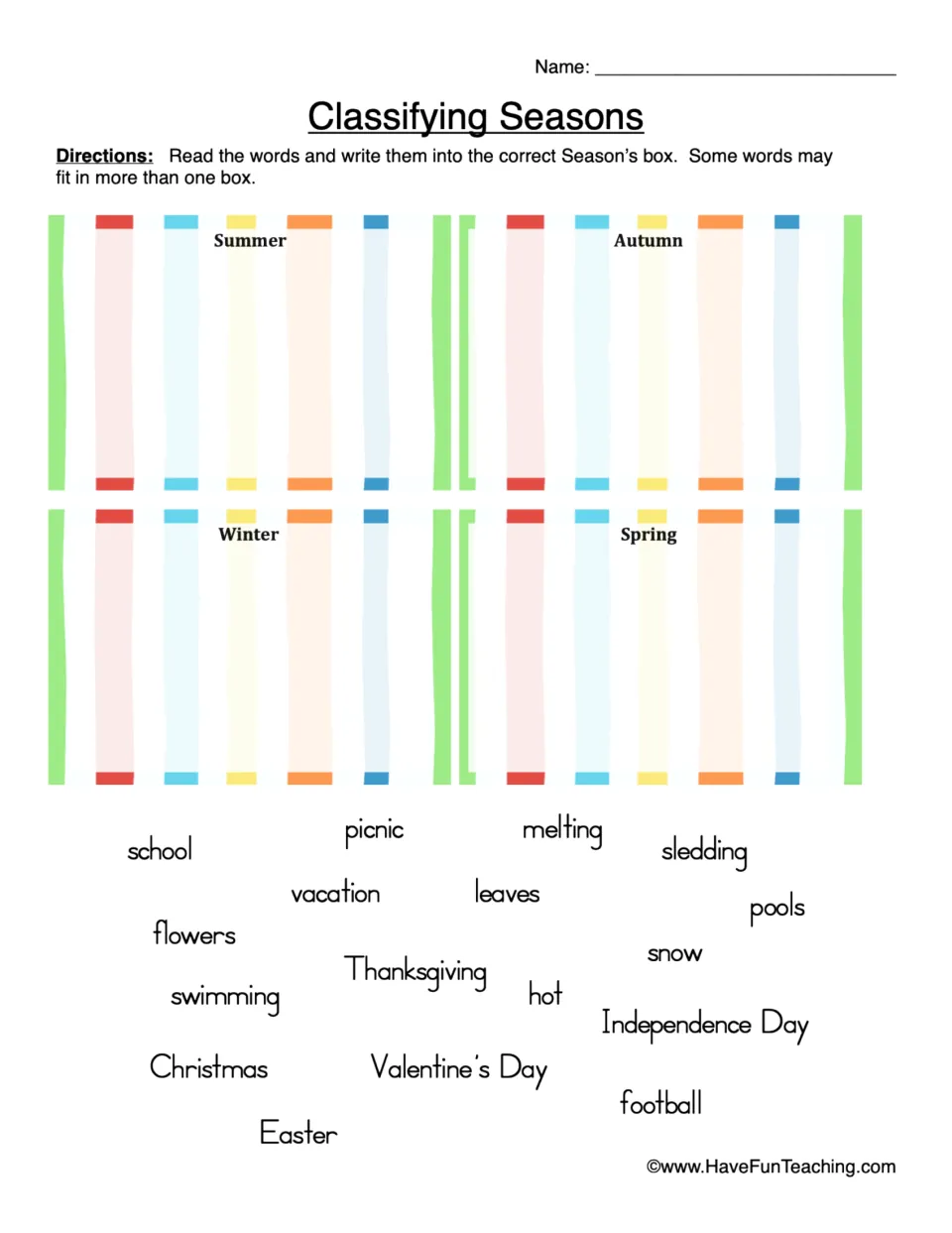 Seasons word sort: students write 17 words such as snow, picnic and Easter under summer, autumn, winter or spring