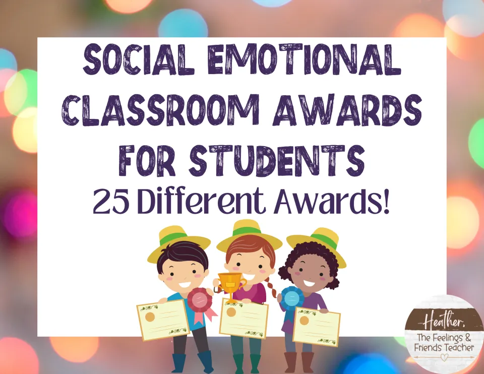 Social Emotional Classroom Awards for Students cover: 25 different awards, three children holding certificates and a trophy