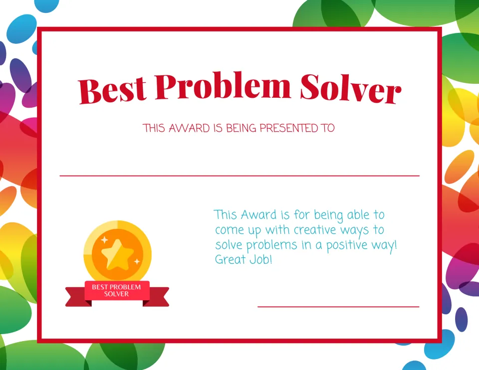 Best Problem Solver award certificate to present to a student for solving problems, with a star medal and ribbon