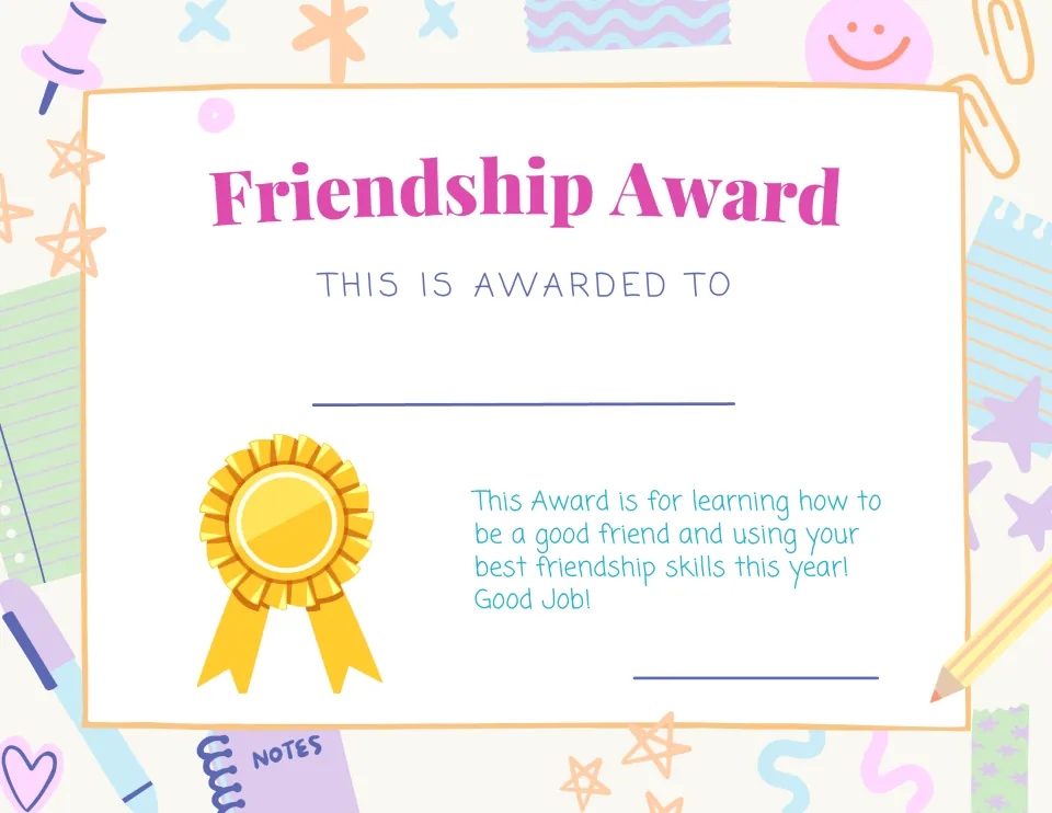 Friendship Award certificate for a student who learned to be a good friend and used friendship skills, gold rosette