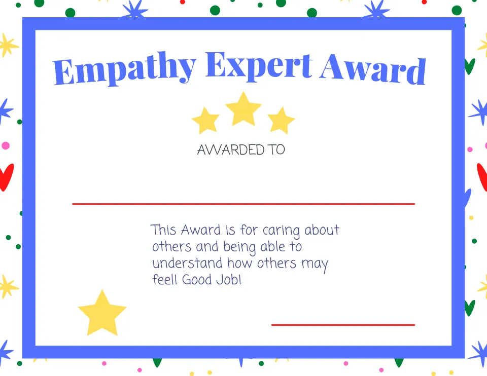 Empathy Expert Award certificate for caring about others and understanding how they may feel, decorated with stars