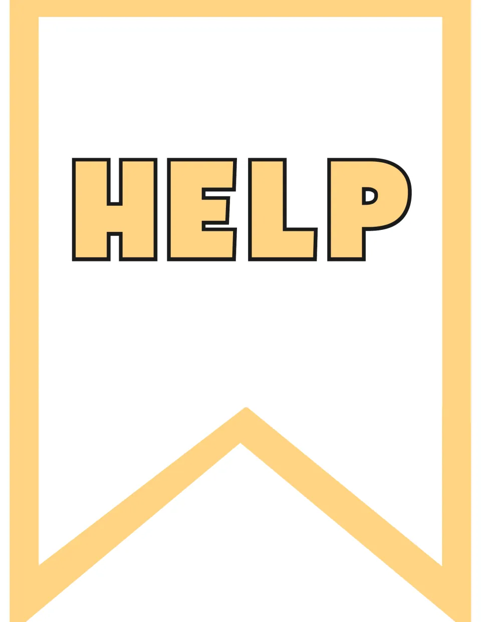 HELP pennant flag: the word in bold yellow outlined capitals on a notched flag, part of the printable banner