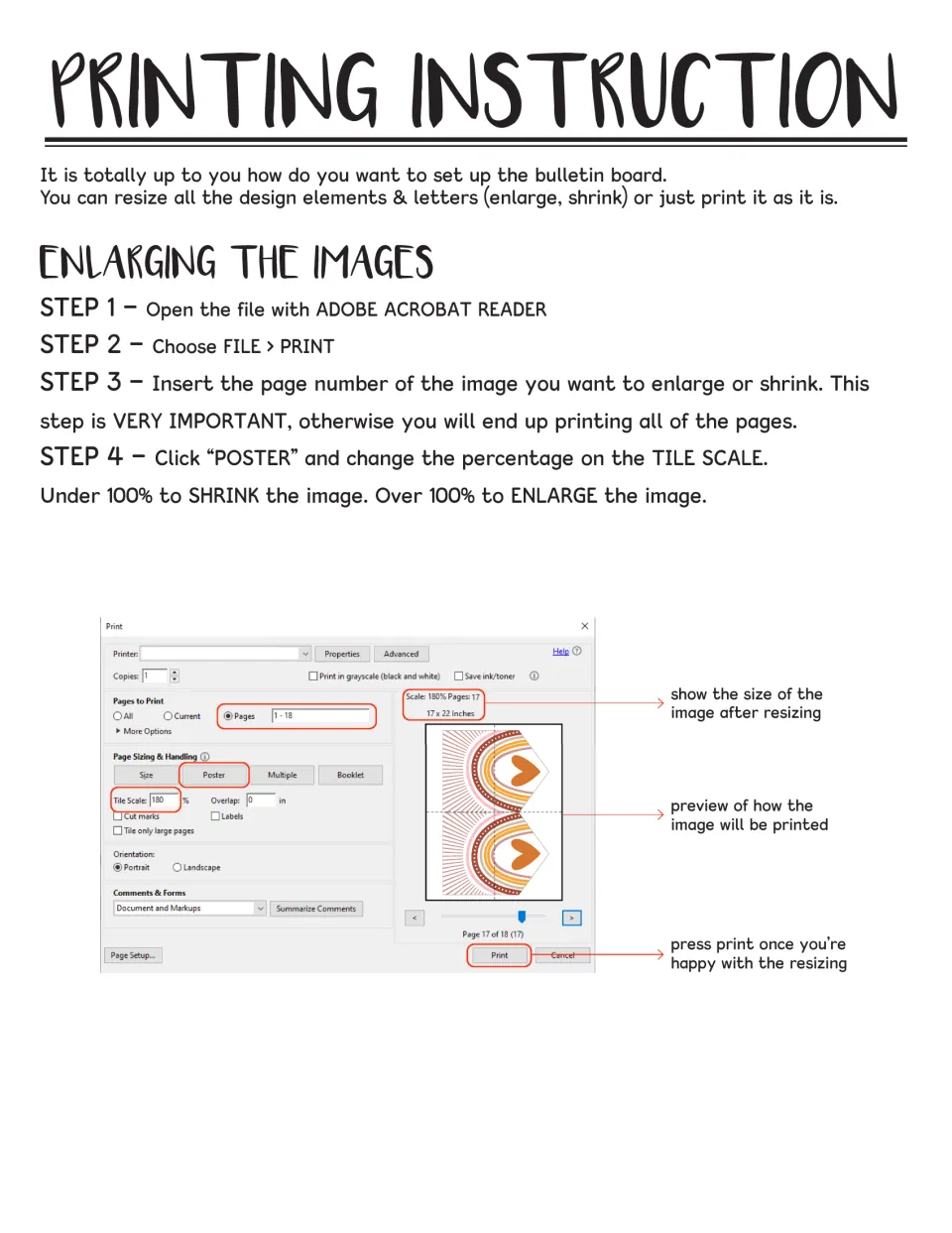 Printing instructions for resizing bulletin board pieces using Adobe Acrobat Reader's Poster setting
