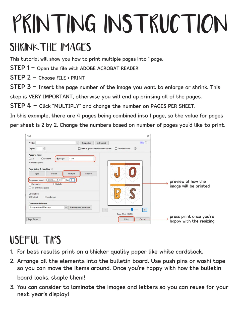 Printing instructions for fitting multiple kit pages on one sheet, plus cardstock and lamination tips