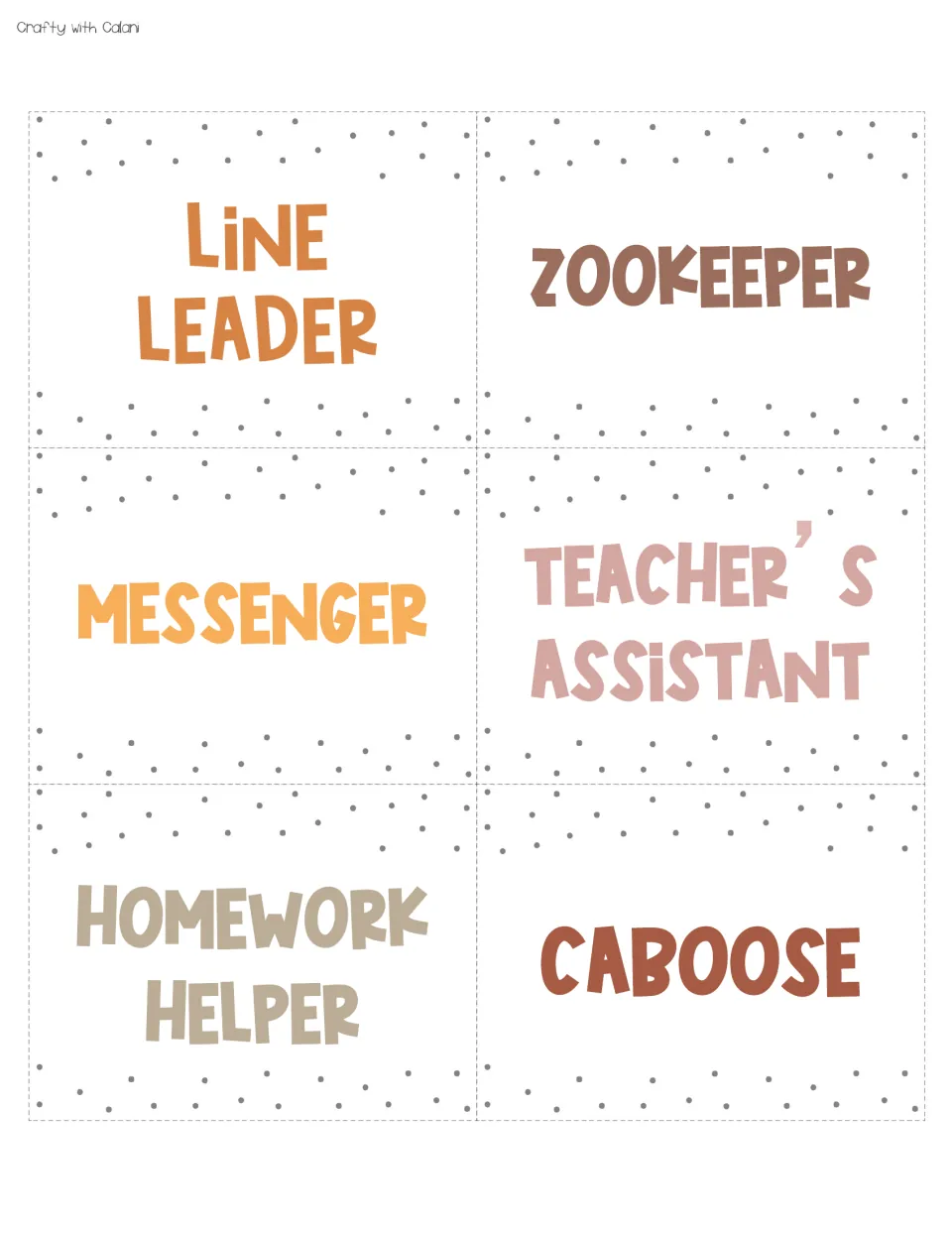Job cards: Line Leader, Zookeeper, Messenger, Teacher's Assistant, Homework Helper, and Caboose