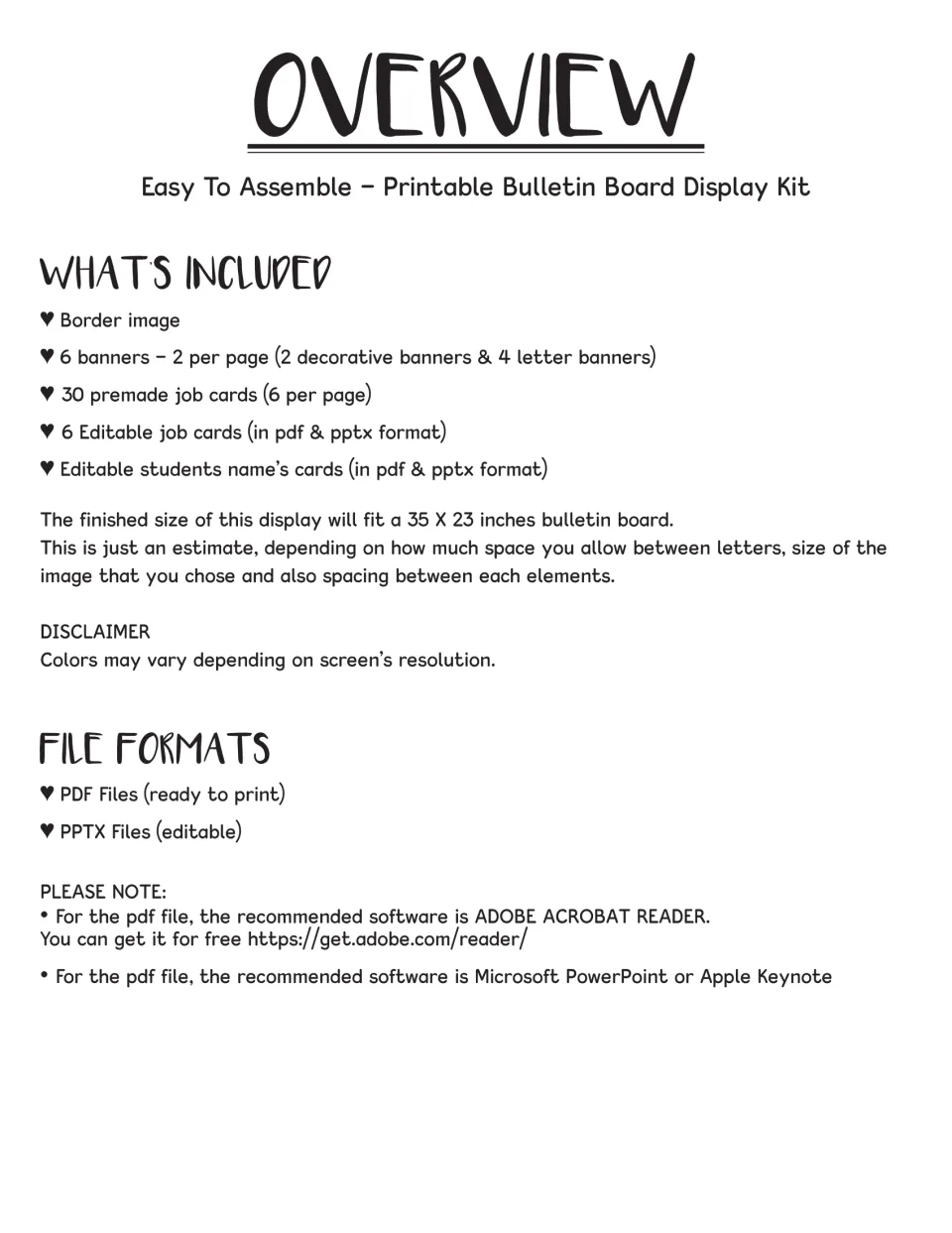 Overview of the kit: border, 6 banners, 30 premade job cards, editable job and name cards, sized for a 35 x 23 inch board