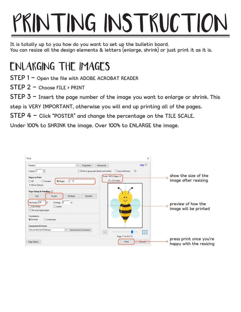 Printing instructions for enlarging images: four Acrobat steps using Poster mode and a tile scale over 100%