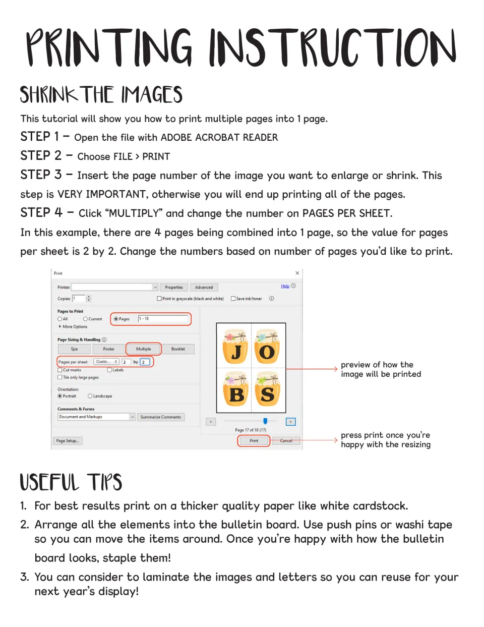 Printing instructions for shrinking: print several pages per sheet with Multiple mode, plus cardstock and laminating tips