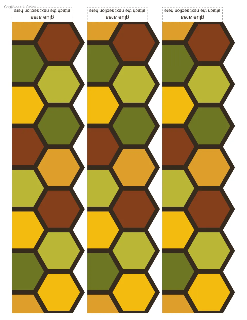 Honeycomb border cut-out pieces: three strips of brown, green and yellow hexagons, each with a glue area for the next strip