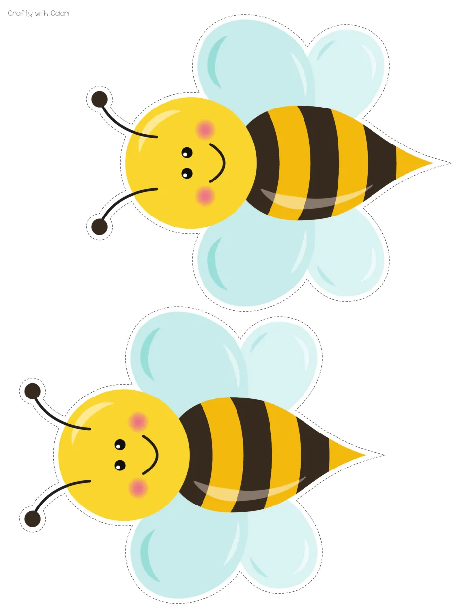 Bee decorations: two smiling cartoon bee cut-outs with light blue wings and yellow and black striped bodies