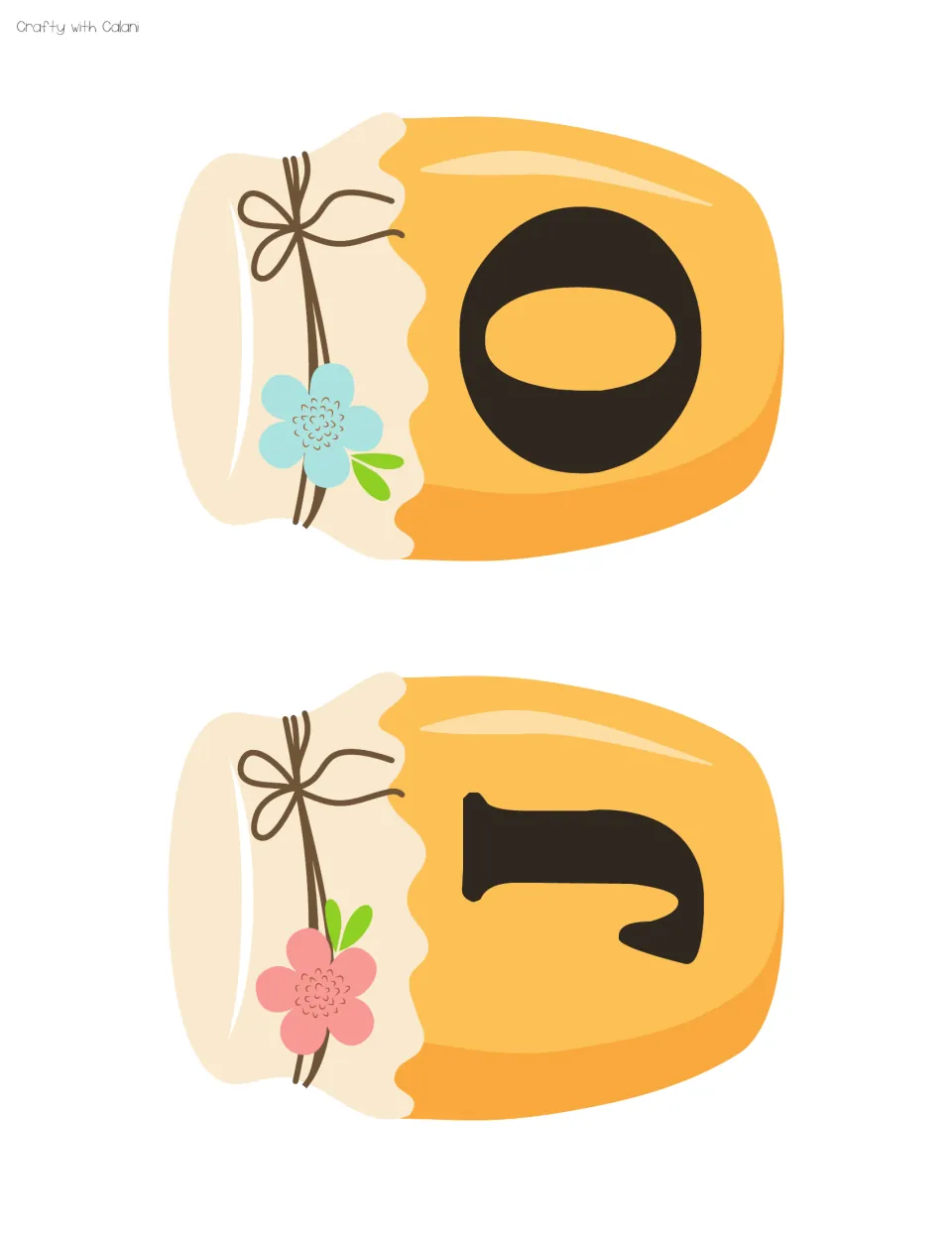 Letter banners for O and J, each printed on an orange honey jar tied with twine and a flower, turned sideways on the page