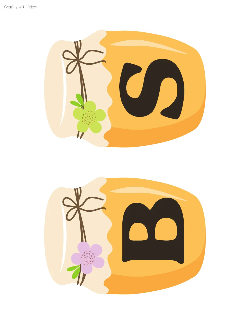 Letter banners for S and B on honey jars with green and purple flowers, completing the four letters that spell JOBS