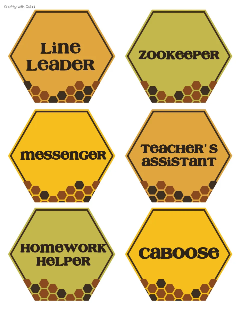 Six hexagon job cards: Line Leader, Zookeeper, Messenger, Teacher's Assistant, Homework Helper and Caboose