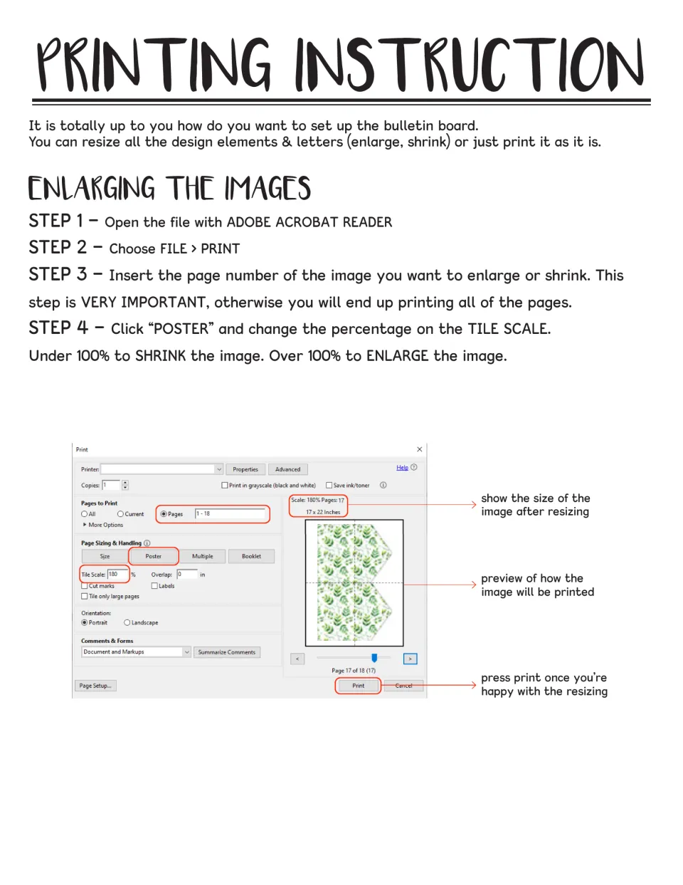 Printing instructions for enlarging pieces: four steps using the Poster option and tile scale in Adobe Acrobat Reader