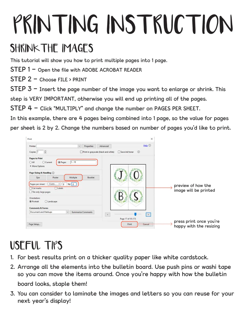 Printing instructions for shrinking pieces with the Multiple pages-per-sheet option, plus tips on cardstock and laminating