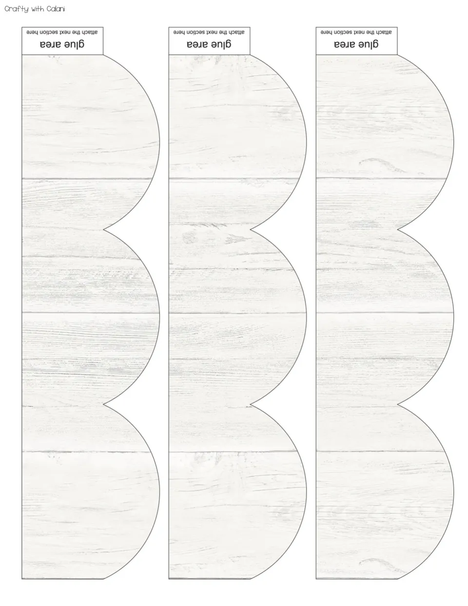 Cut-out pieces: three scalloped whitewashed wood strips, each with a glue area tab to attach the next section of edging