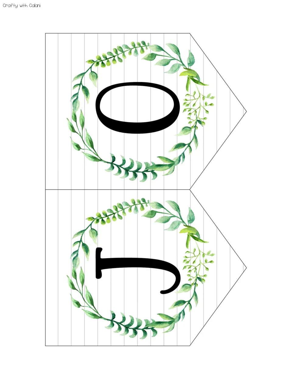 Letter pennant banners for the letters J and O, each set inside a watercolor greenery wreath on a white shiplap background