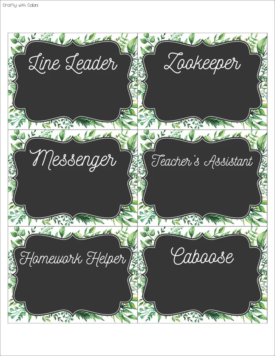 Premade chalkboard job cards: Line Leader, Zookeeper, Messenger, Teacher's Assistant, Homework Helper, Caboose