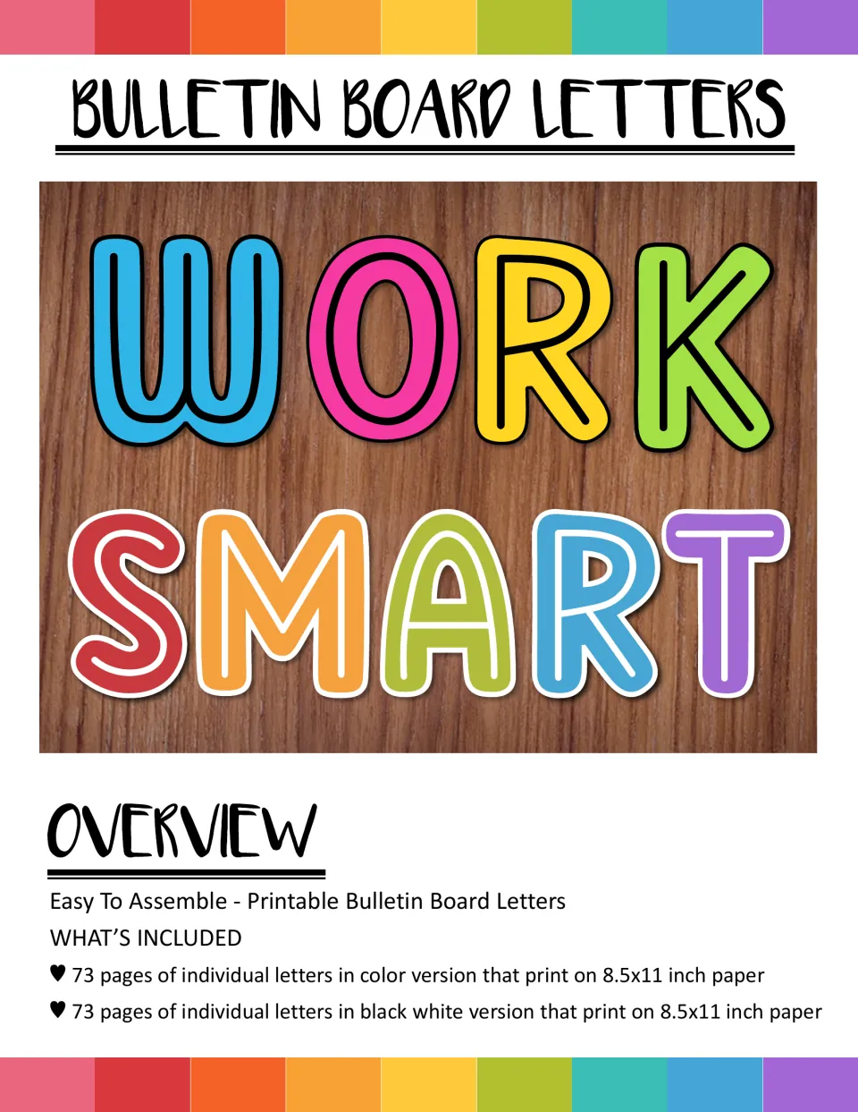 Bulletin board lettering cover showing 'WORK SMART' and listing 73 color and 73 black-and-white letter pages